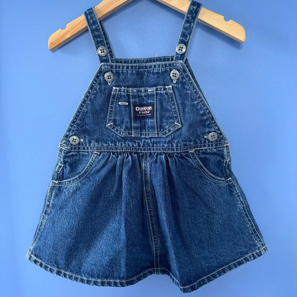 Vintage OshKosh B'gosh Denim Jumper Dress 12M Blue Overall Skirt 90s